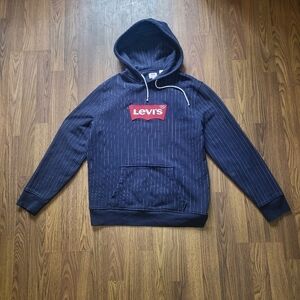 Vintage Levi's Dark Navy Blue White Striped Logo Hoodie - Men's Size L A77